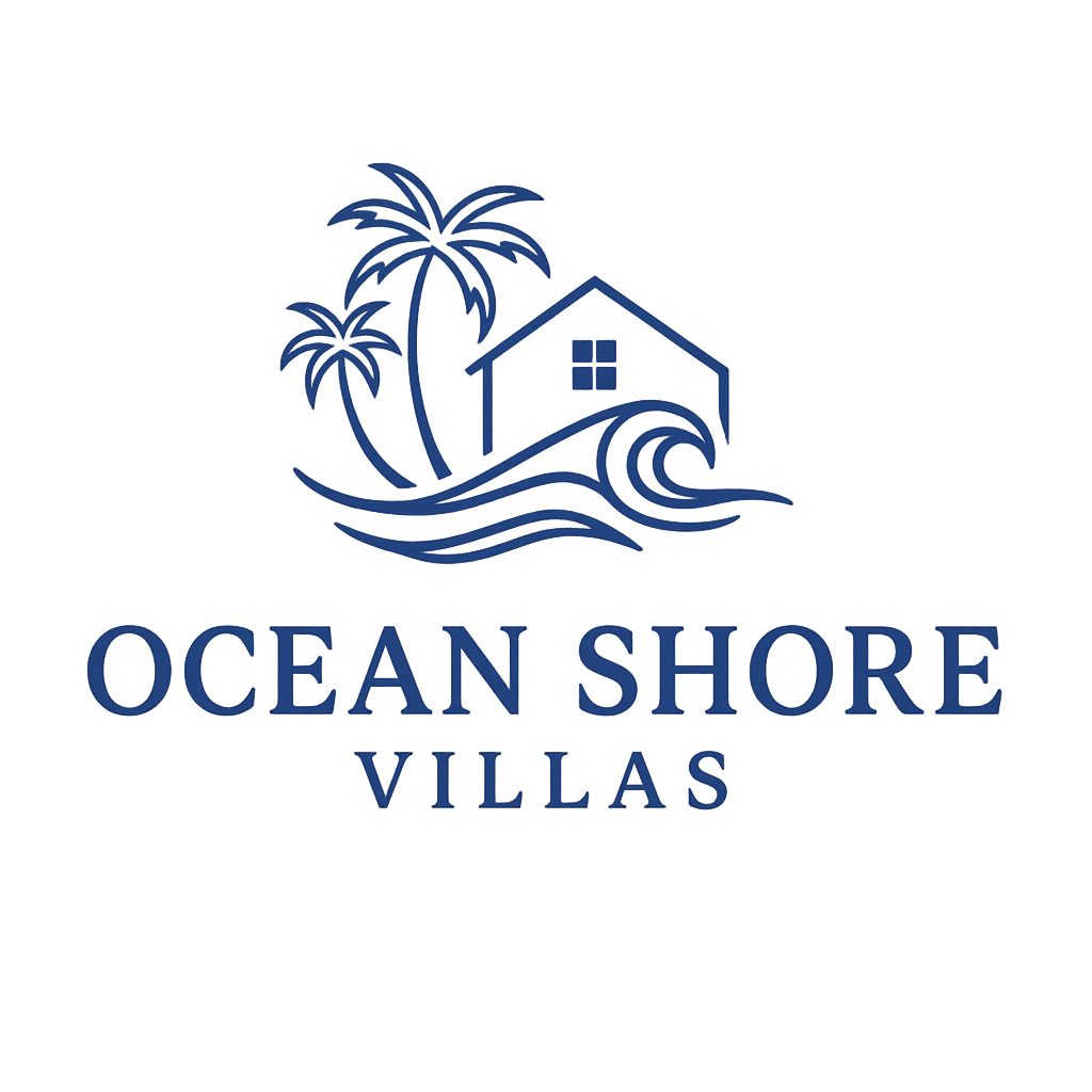 A logo with a house and palm trees with the words Ocean Shore Villas.